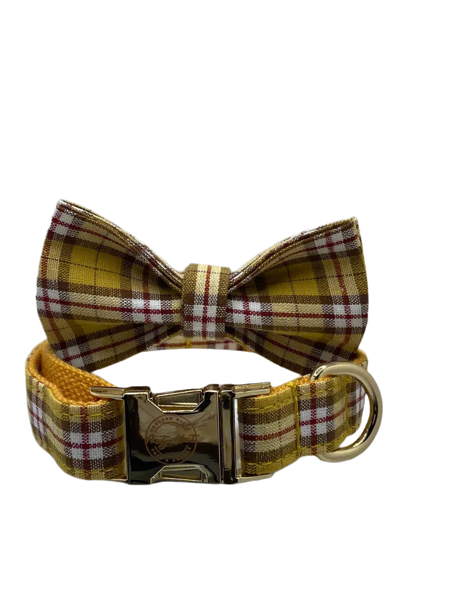 Dog Bowtie and Collar Set-Lemon and Brown Plaid