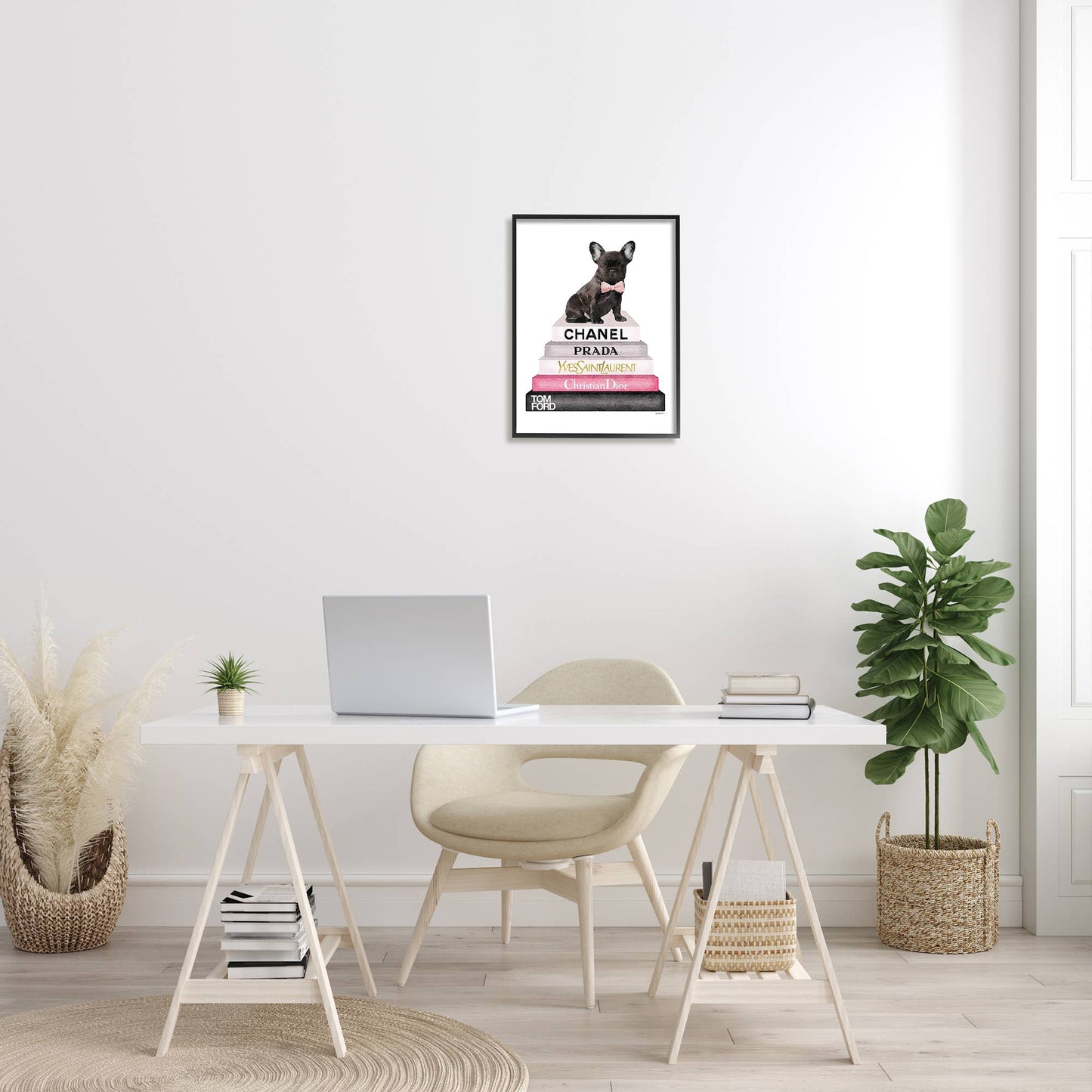 Book Stack French Bulldog Framed: Black Framed