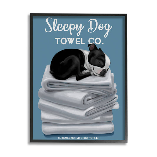 Sleepy Dog Towel Co. Adorable Boston Terrier Bathroom Framed: Black Framed