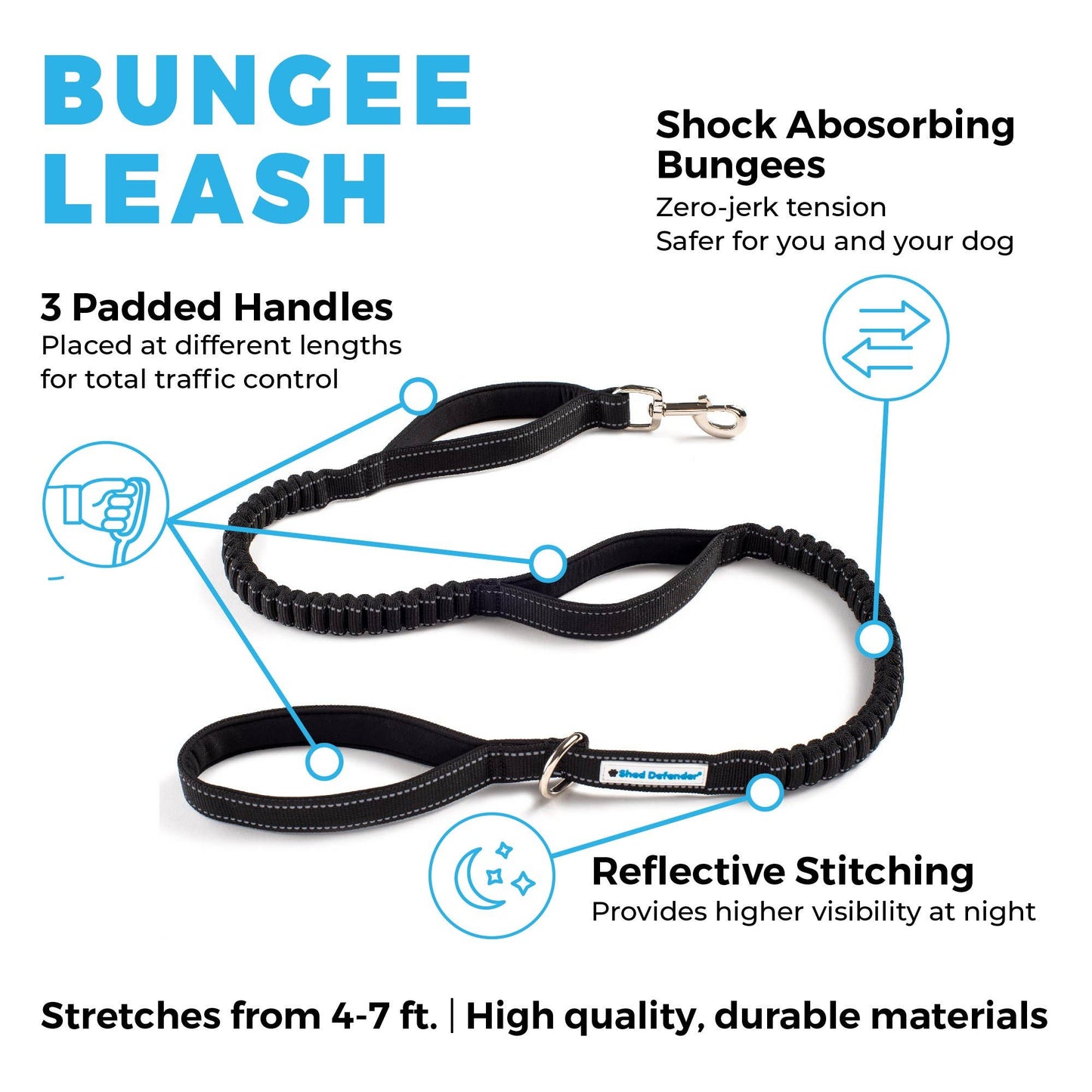 Shed Defender 3-Handle Leash: Black