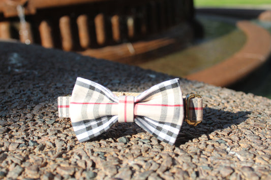 Classic Dog Collar & Bowtie Set – Khaki Plaid