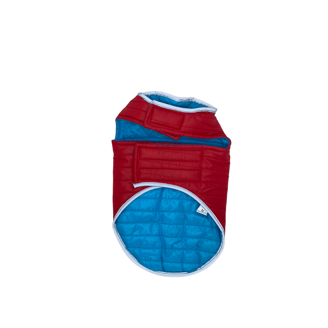 Vibrant Red and Blue Quilted Dog Jacket- S/M