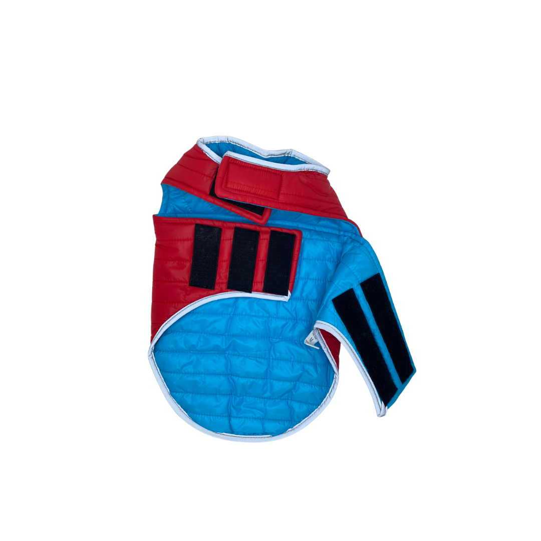 Vibrant Red and Blue Quilted Dog Jacket- S/M