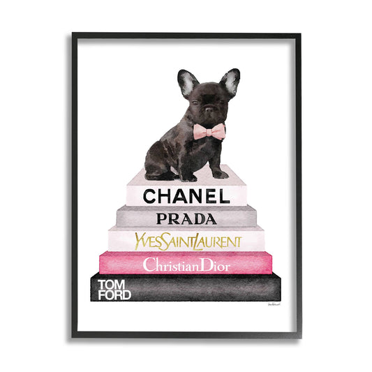 Book Stack French Bulldog Framed: Black Framed