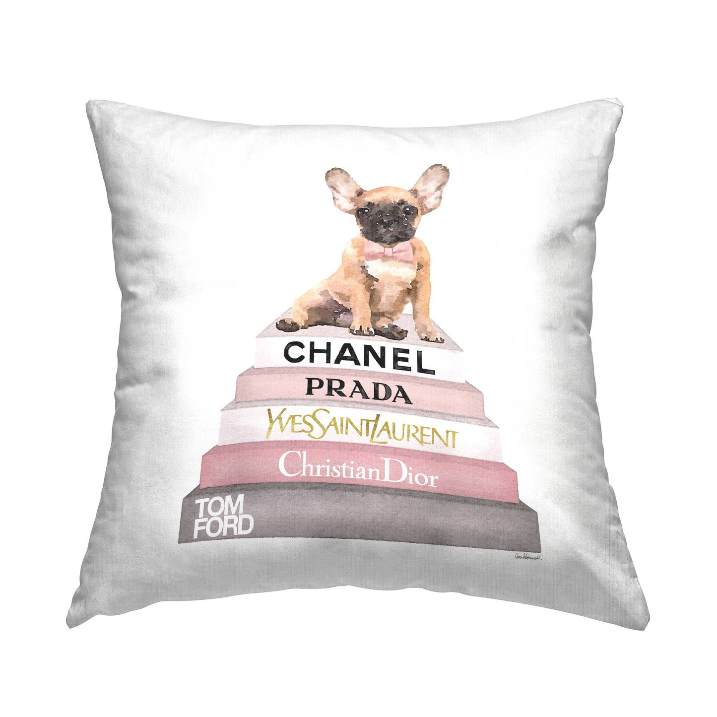 Trendy Dog Atop Glam Brand Bookstack Throw Pillow: Pink
