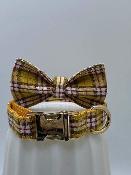 Dog Bowtie and Collar Set-Lemon and Brown Plaid